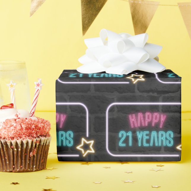 Neon 21st Birthday Marquee On Brick Wrapping Paper (Birthday Party)