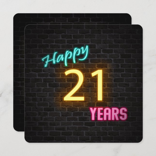 Neon 21st Birthday Sign on brick Invitation (Front/Back)