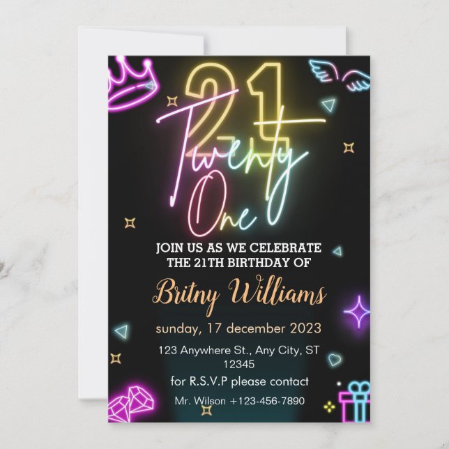 Neon 21th Birthday Invitation (Front)