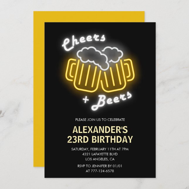 Neon 23rd birthday invitation Cheers and Beers (Front/Back)