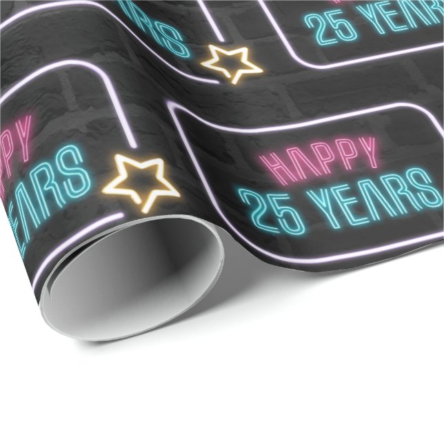 Neon 25th Birthday Marquee On Brick Wrapping Paper (Roll Corner)