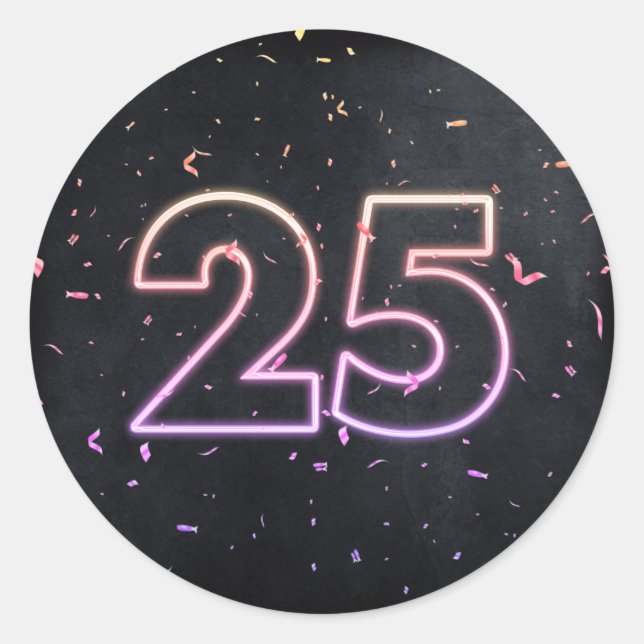 Neon 25th Birthday Sign On Black Classic Round Sticker (Front)