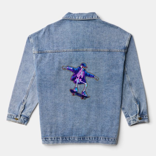 Neon 3D Skeleton Skateboarding – Funny Streetwear  Denim Jacket (Back)
