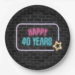 Neon 40th Birthday Marquee On Brick Paper Plate