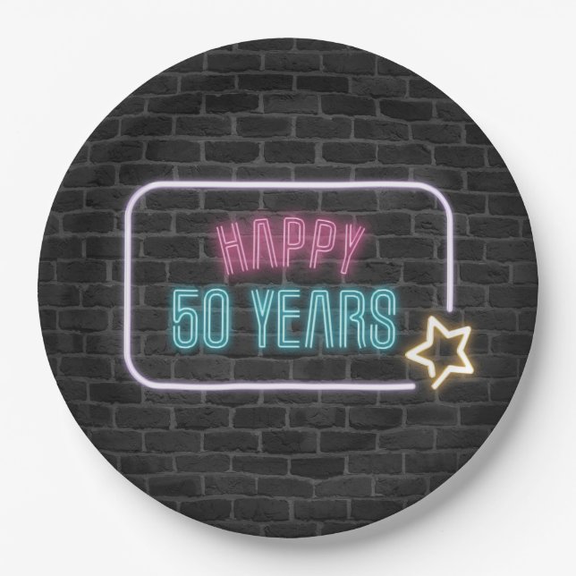 Neon 50th Birthday Marquee On Brick Paper Plate (Front)