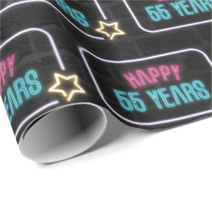 Neon 55th Birthday Marquee On Brick Wrapping Paper