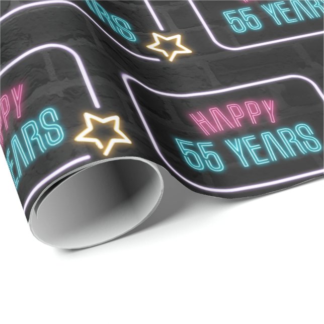 Neon 55th Birthday Marquee On Brick Wrapping Paper (Roll Corner)