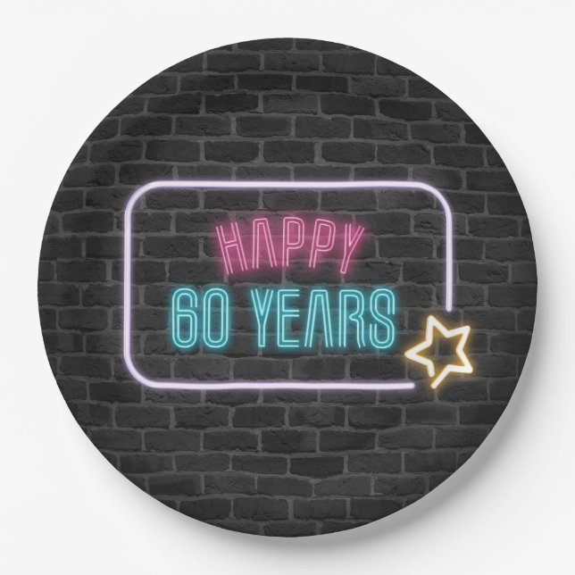 Neon 60th Birthday Marquee On Brick Paper Plate (Front)