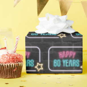 Neon 60th Birthday Marquee On Brick Wrapping Paper