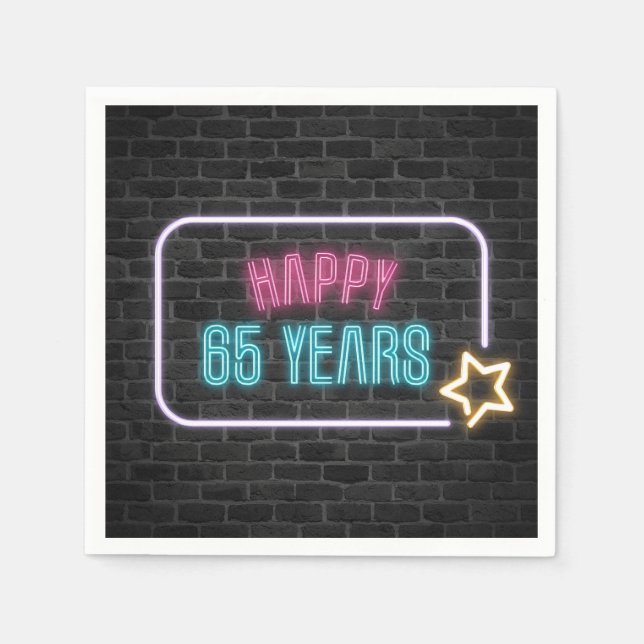 Neon 65th Birthday Marquee On Brick Wall Napkins (Front)