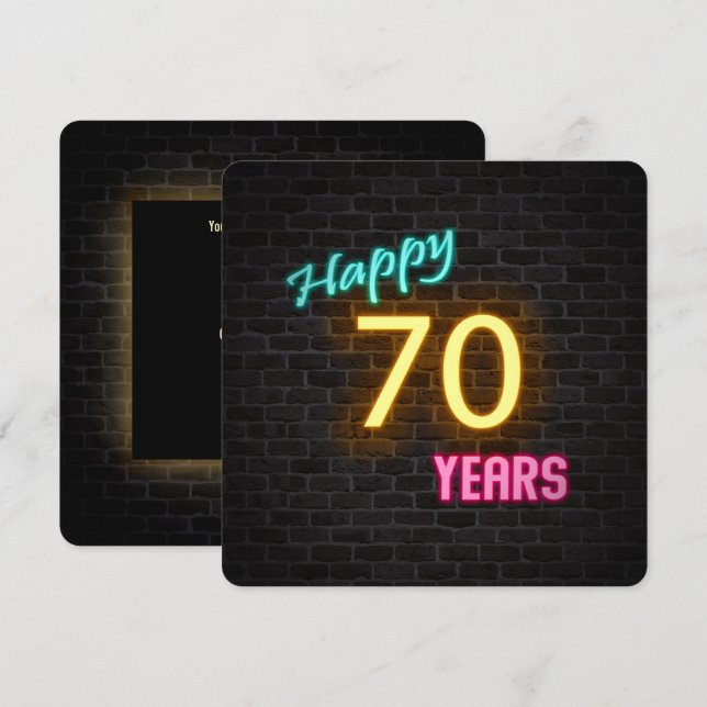 Neon 70th Birthday Sign glowing on brick Invitation (Front/Back)