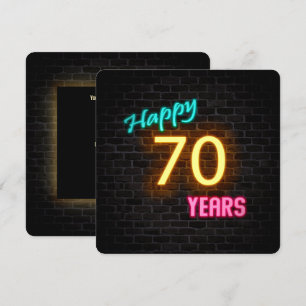 Neon 70th Birthday Sign glowing on brick Invitation