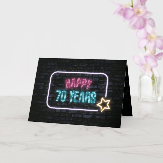Neon 70th Birthday Sign On Brick Card (Orchid)