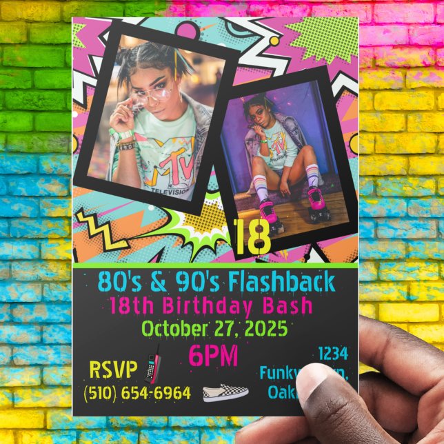 Neon 80's|90's Flashback Hip Hop Birthday Photo Invitation (Creator Uploaded)