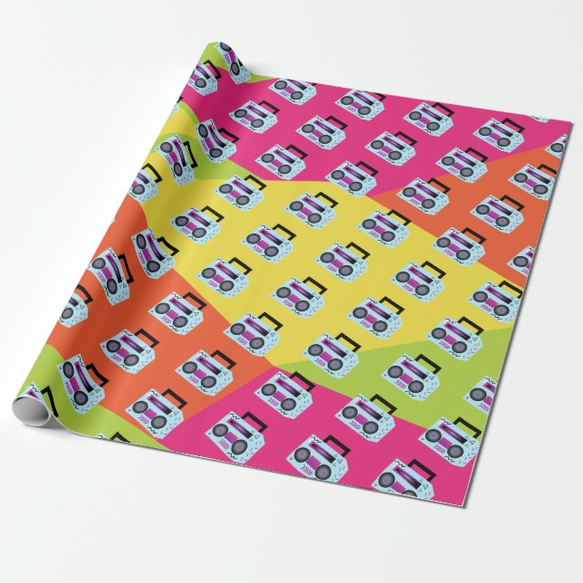 Neon 80s 90s Throw Back Music Wrapping Paper (Unrolled)