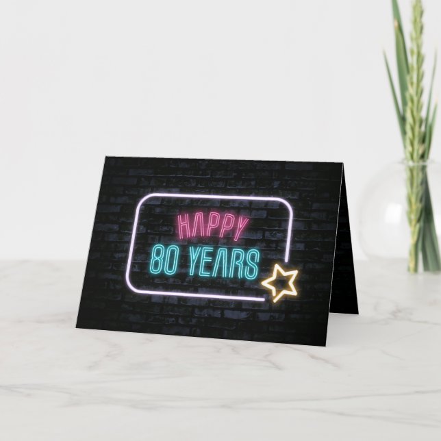 Neon 80th Birthday Marquee On Brick Card (Front)