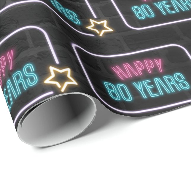 Neon 80th Birthday Marquee On Brick Wrapping Paper (Roll Corner)
