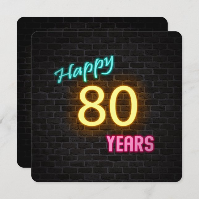 Neon 80th Birthday Sign glowing on brick Invitation (Front/Back)