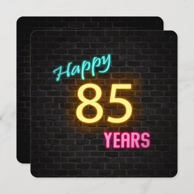 Neon 85th Birthday Sign glowing on brick Invitation (Front/Back)
