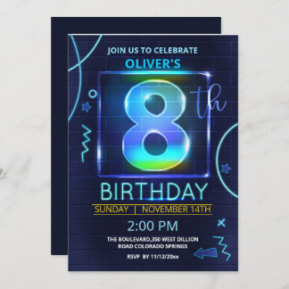 Neon 8th Birthday Invitation 