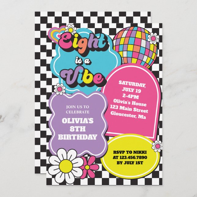 Neon 90s Retro Eight is a Vibe 8th Birthday Invitation (Front/Back)