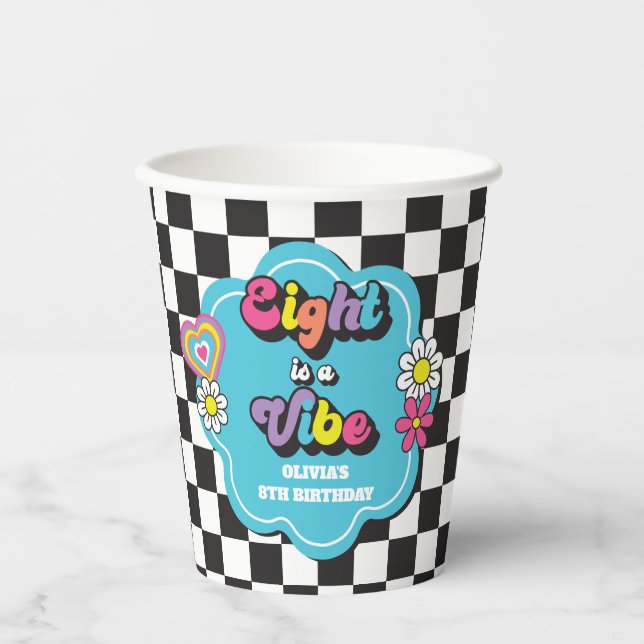 Neon 90s Retro Eight is a Vibe 8th Birthday Paper Cups (Front)