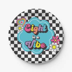Neon 90s Retro Eight is a Vibe 8th Birthday Paper Plate
