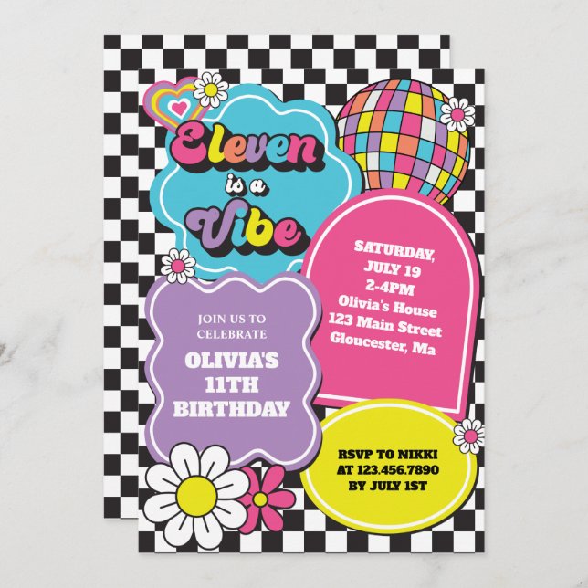 Neon 90s Retro Eleven is a Vibe 11th Birthday Invitation (Front/Back)