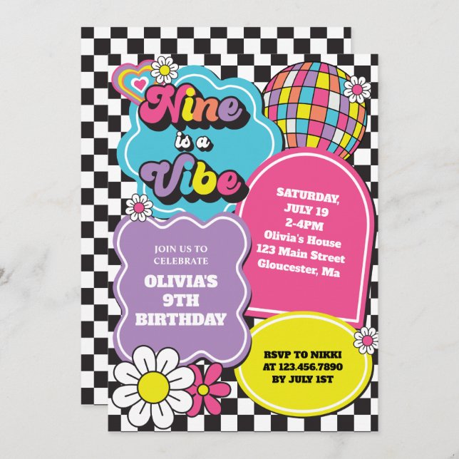 Neon 90s Retro Nine is a Vibe 9th Birthday Invitation (Front/Back)