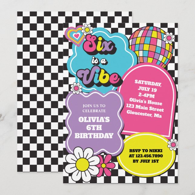 Neon 90s Retro Six is a Vibe 6th Birthday Invitation (Front/Back)