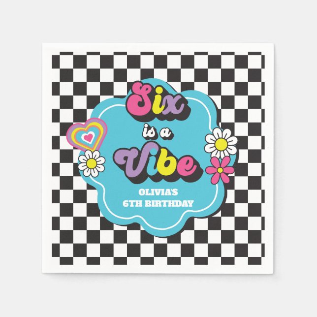 Neon 90s Retro Six is a Vibe 6th Birthday Napkin (Front)