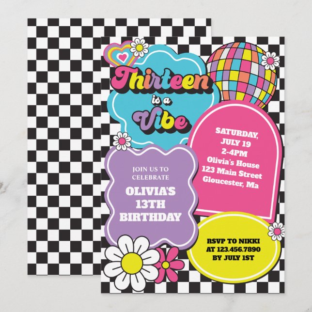 Neon 90s Retro Thirteen is a Vibe 13th Birthday Invitation (Front/Back)