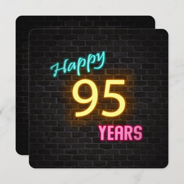 Neon 95th Birthday Sign glowing on brick Invitation (Front/Back)