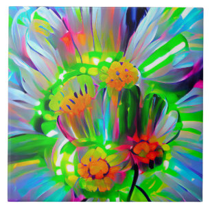Neon Abstract Daisies with Vivid Colours Ceramic Tile