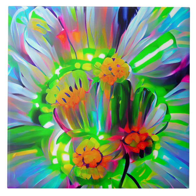 Neon Abstract Daisies with Vivid Colours Ceramic Tile (Front)