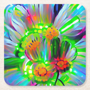 Neon Abstract Daisies with Vivid Colours Square Paper Coaster