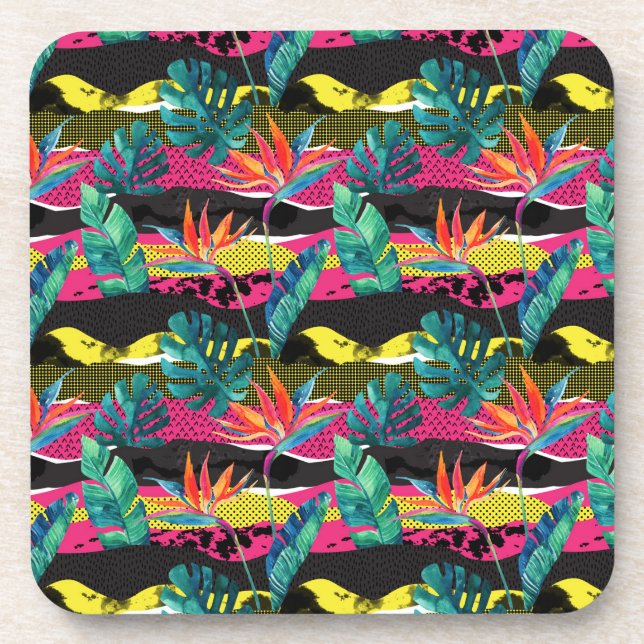 Neon Abstract Tropical Texture Pattern Coaster (Front)