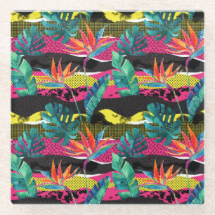 Neon Abstract Tropical Texture Pattern Glass Coaster