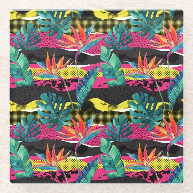 Neon Abstract Tropical Texture Pattern Glass Coaster (Front)