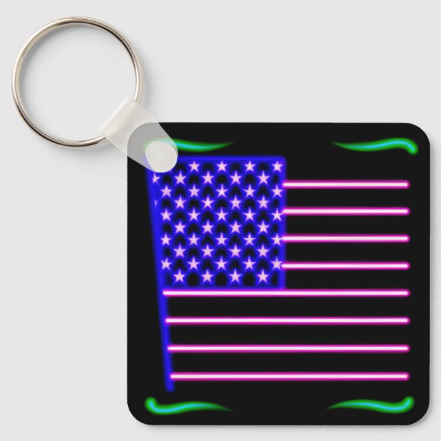 Neon American Flag  Key Ring (Front)