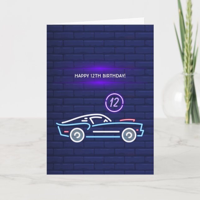 Neon American Muscle Car Birthday Party Card (Front)