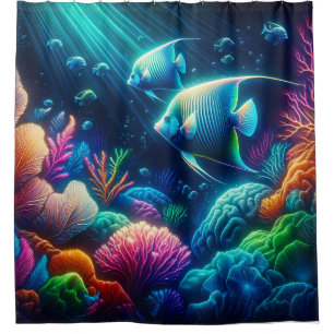 “Neon Angelfish Coral Reef Art” Shower Curtain