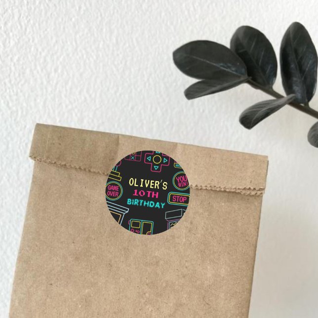 Neon Any year video games arcade birthday  Classic Round Sticker (Creator Uploaded)