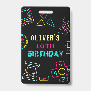 Neon Any year video games arcade birthday  ID Badge