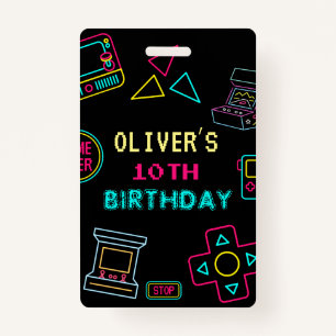 Neon Any year video games arcade birthday  ID Badge