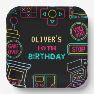 Neon Any year video games arcade birthday  Paper Plate