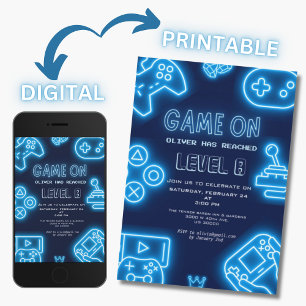 Neon Any year video games birthday  Invitation