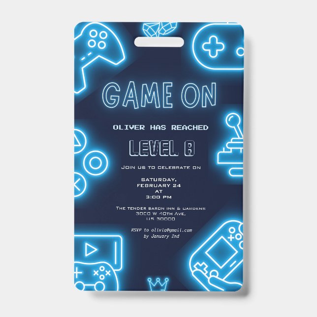 Neon Any year video games birthday invitation ID Badge (Front)