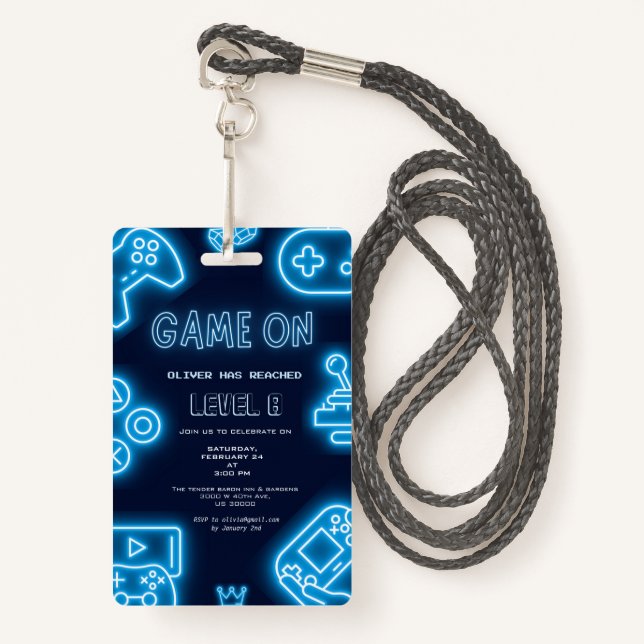 Neon Any year video games birthday invitation ID Badge (Front with Lanyard)