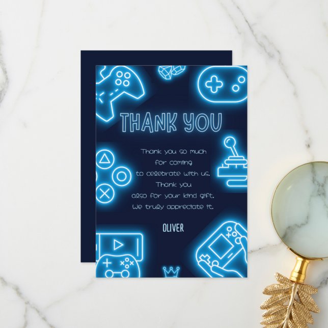 Neon Any year video games birthday  Thank You Card (Front/Back In Situ)